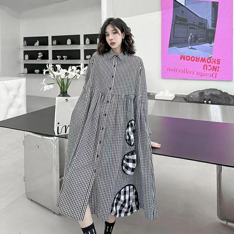 シャツワンピース レディース 夏 ロング チェック柄 シャツワンピース レディース 長袖 ロング ワンピース シャツワンピ チェック柄 アシンメトリー 切替 ドロップショルダー 羽織 シンプル 襟付き 個性的 モード系 とらみ LWFA031(フリー)
