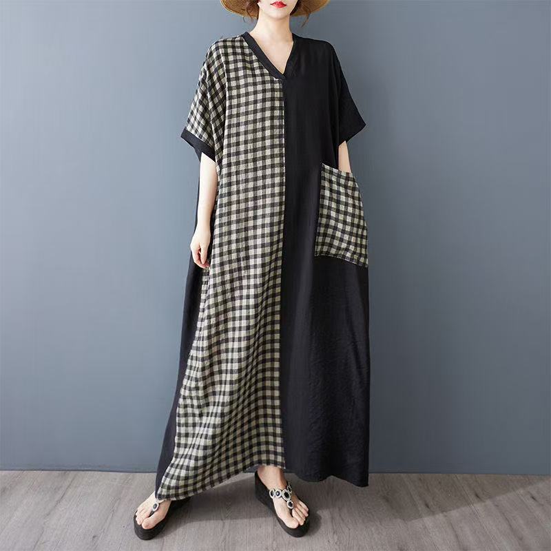 乐天商城 - ワンピース マキシワンピース レディース 春夏 切り替え ロングワンピース 半袖 vネック 切り替えワンピ 切り替えワンピース 綿麻風 柄ワンピ マキシ 薄手 ワンピ 大きいサイズ 半袖ワンピ ポケット ゆったり 体型カバー カジュアル 海 30代 40代 50代 LWGA084(15色フリー)