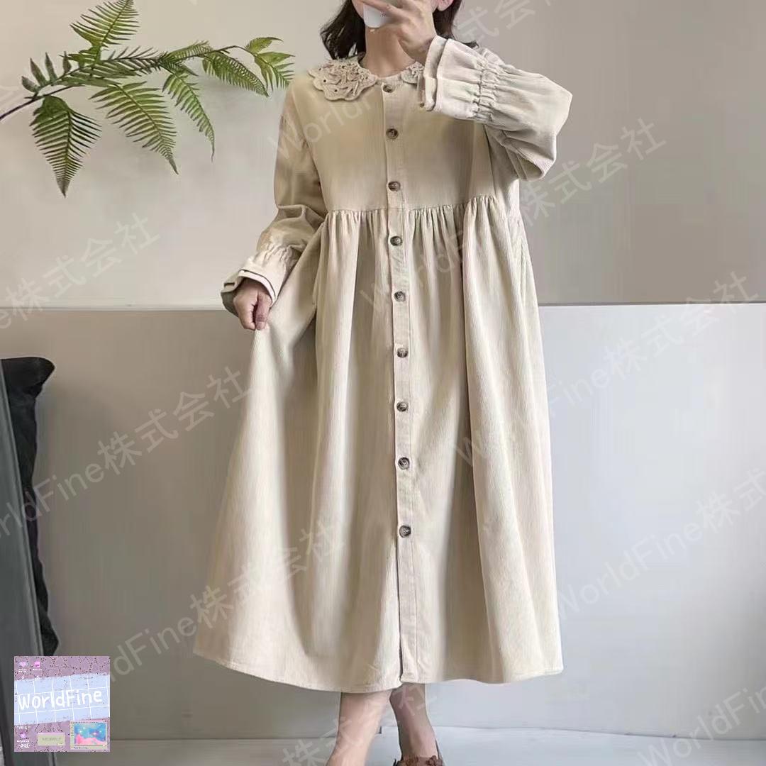 乐天商城 - ロングワンピース レディース 大きいサイズ 襟付きワンピース 秋冬 秋物 コーデュロイ 秋服 長袖 前開け ゆったり ロングシャツワンピース 襟付き 前開きワンピース コーデュロイワンピ ロングワンピ シャツワンピ ロングシャツ 体型カバー 着痩せ 大人 LWGA123(2色L-4XL)