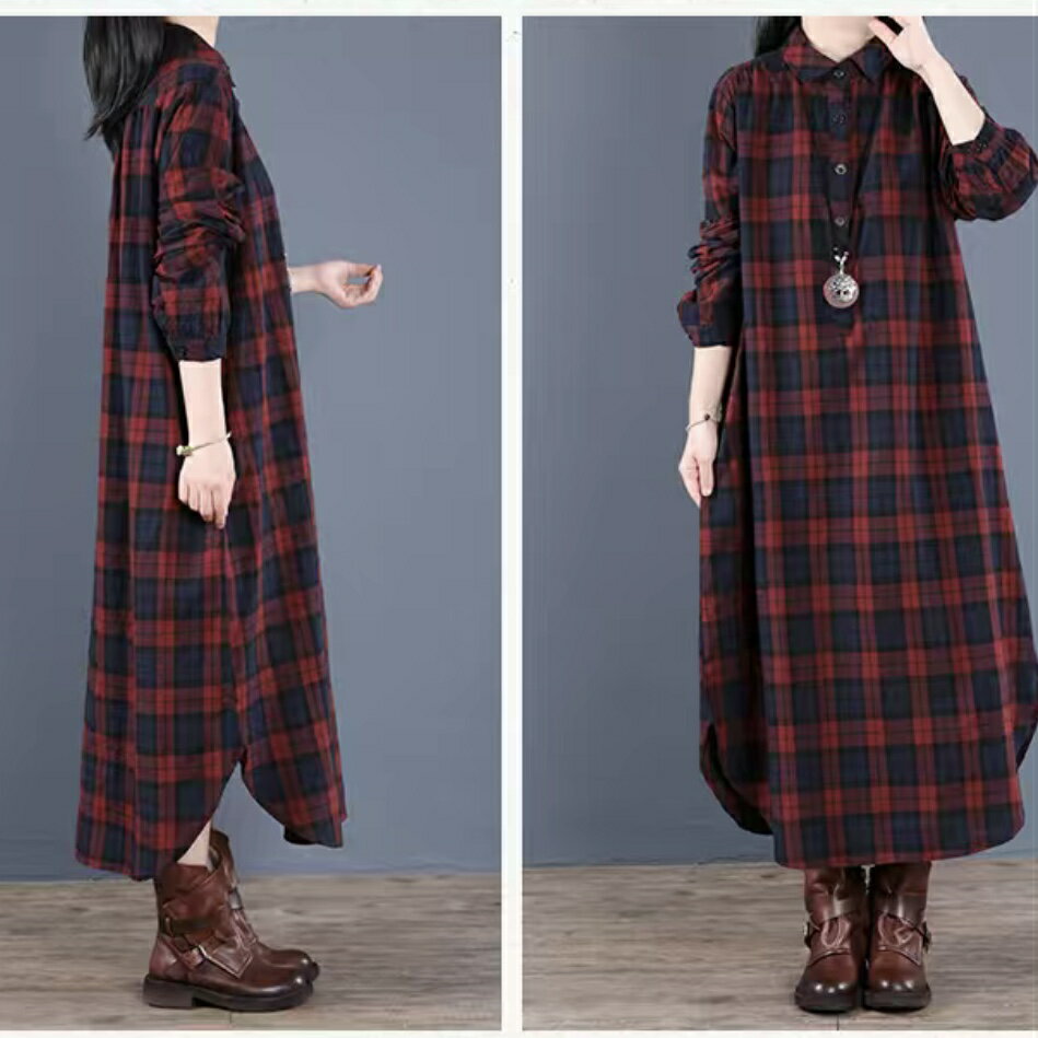 シャツワンピース レディース マキシワンピース ロングシャツワンピ チェック柄 チュニック ワンピ ロング丈 長袖 パーカー レディース ダンガリーワンピース マキシ丈 体型カバー プルオーバー ゆったり 膝丈 通勤 テールライン 着痩せ 春 夏 SLWC008(2色M-2XL)