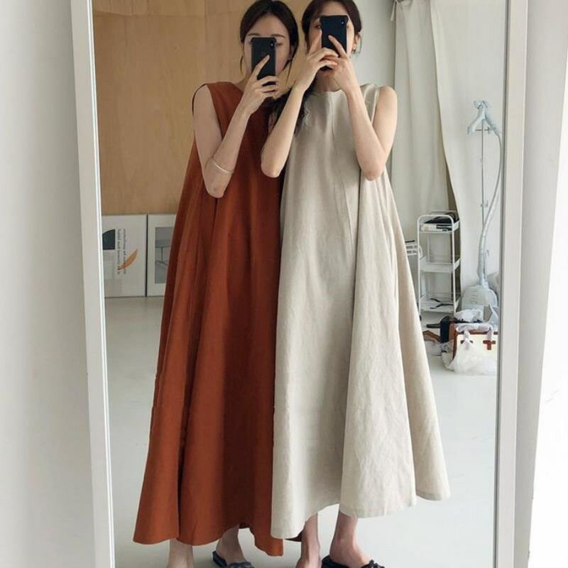 乐天商城 - ロングワンピース レディース ノースリーブワンピース ゆったり ルーズ ワンピース Aライン カジュアルワンピース 綿麻 体型カバー 無地 シンプル デーリー通勤 ミモレワンピース ノースリーブ お出かけ 春夏 韓国風 着痩せ SLWC010(4色フリー)