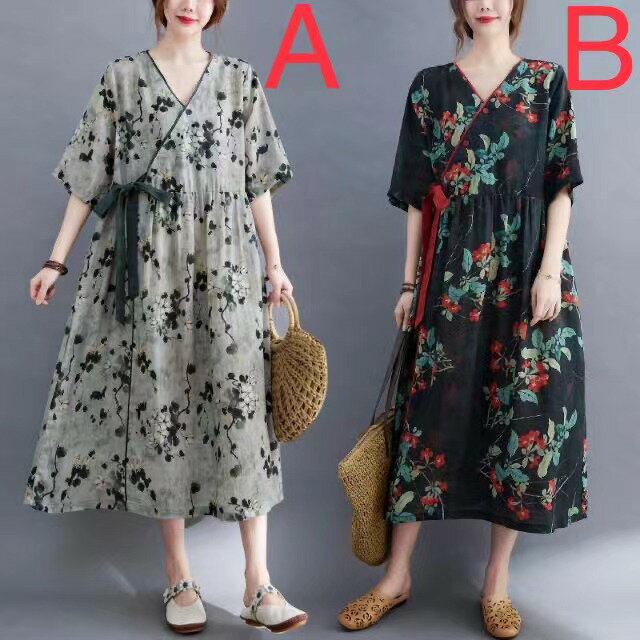 Short Sleeves - ワンピース レディース 半袖ワンピース 大きいサイズ ワンピース夏用 花柄 ロングワンピース プラスサイズ 着痩せ 夏 vネックワンピース 夏物ワンピース 体型カバー 薄手 夏ワンピースレディース 夏用ワンピース オフィス ゆったり カジュアル マキシワンピース 通勤 SLWC020