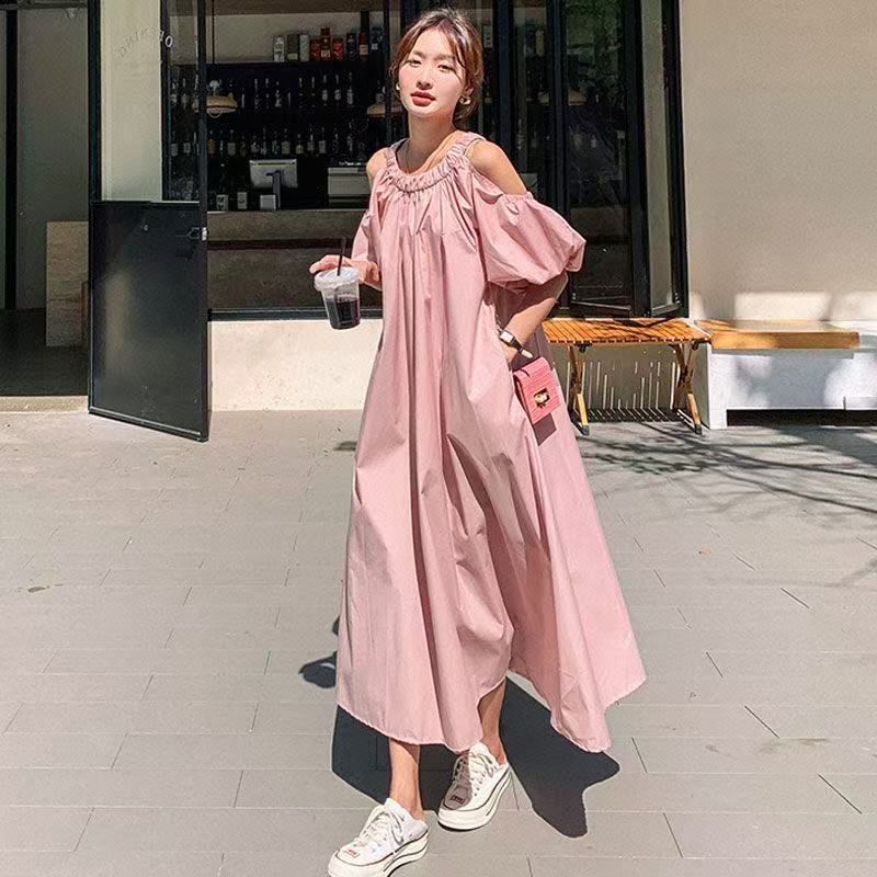 乐天商城 - ロングワンピース 大きいサイズ レディース ロング 肩だし ゆったり おしゃれワンピース 夏 ワンピースロングレディース ロングワンピース 無地 シンプル ゆったりワンピース 夏 ロング 半袖 おしゃれ かわいい 可愛 SLWD026(2色M-3XL)