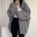 カーディガン レディース 秋 冬 シンプル 前開き Vネック カーディガン 厚手 セーター コート アウター ゆったりシルエット 体型カバー カジュアル グレー...