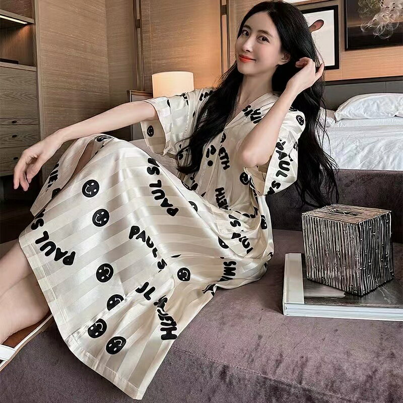 レディース ワンピース パジャマ ルームウェア 夏 ロングワンピース 半袖 前開き 襟付き 薄手 英文字 総柄 ロング丈 部屋着 可愛い 大きいサイズ ゆったり 膝下丈 カジュアル 大人 おしゃれ お洒落 LWFA075(L-4XL)