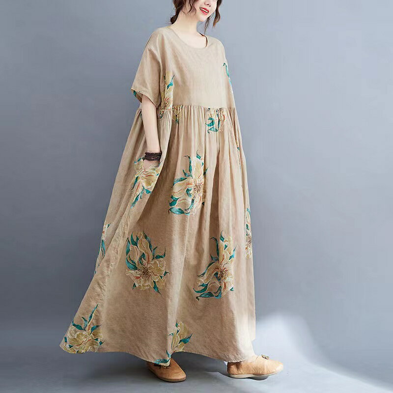 マキシ丈ワンピース ロングワンピース レデイーズ 総柄 花柄 きれいめ 半袖 綿麻風 マキシ丈 ワンピース 春 夏 体型カバー 着痩せ 大人 可愛い ゆったり カジュアル 通勤 日常着 着回し 着痩せ 大きいサイズ お洒落 LWFA102(フリー)