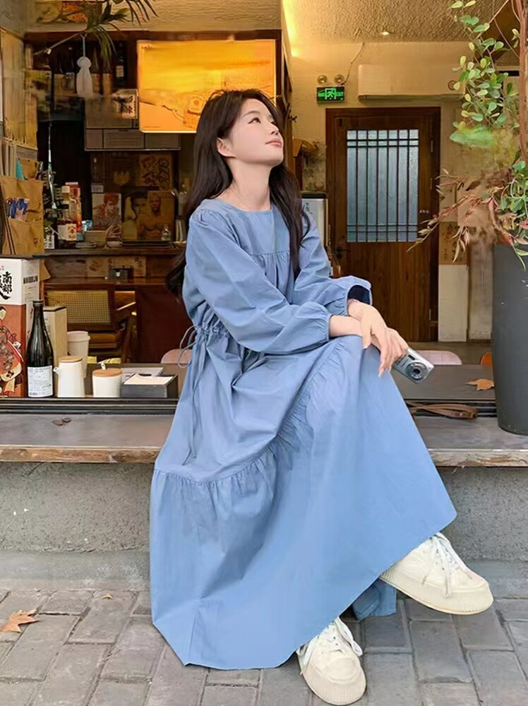 乐天商城 - マキシワンピース レディース 長袖 大きいサイズ ロングワンピース 春 秋 マキシ丈 フレア ワンピ ロングワンピ きれいめマキシ丈 け感 着?せ 高見え 体型カバー 普段着 通勤 体型カバー ブルー 日常 デート 無地 シンプル LWFA117(L-4XL)