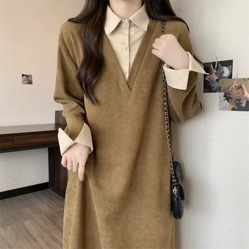 乐天商城 - ロングワンピース マキシワンピース 長袖 コーデュロイ レディース ゆったりシルエット 可愛い ワンピース レイヤード風 ロング丈 大きいサイズ 体型カバー 可愛い ゆったり カジュアル 大人 着痩せ 30代 40代 50代 春 秋 無地 LWGA014(3色M-4XL)
