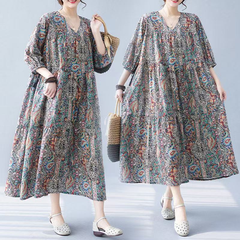 シャツワンピース ロングワンピース 総柄 花柄 きれいめ 半袖 五分丈袖 シフォン マキシ丈 ワンピース 春 夏 体型カバー 大人 可愛い ゆったり カジュアル 通勤 着回し 着痩せ 大きいサイズ お洒落 LWGA026(L-XL) シフォンワンピース マキシ丈ワンピース 華やか 派手