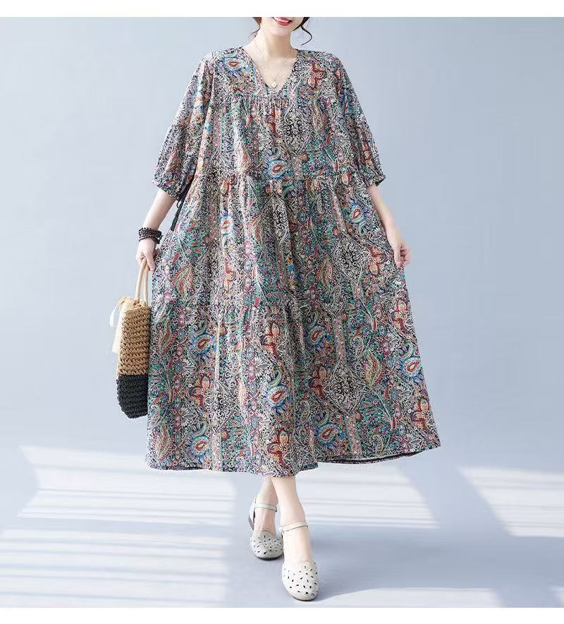 シャツワンピース ロングワンピース 総柄 花柄 きれいめ 半袖 五分丈袖 シフォン マキシ丈 ワンピース 春 夏 体型カバー 大人 可愛い ゆったり カジュアル 通勤 着回し 着痩せ 大きいサイズ お洒落 LWGA026(L-XL) シフォンワンピース マキシ丈ワンピース 華やか 派手