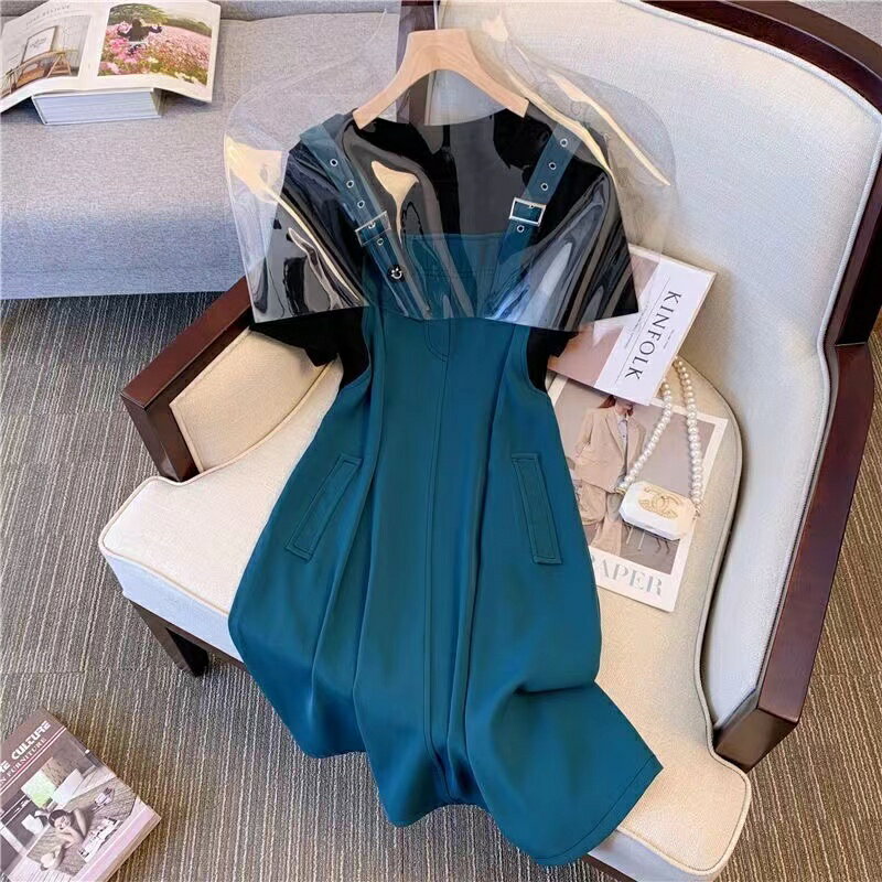 ワンピース レディース 重ね着風 夏 サロペット風 半袖 ロング Aライン デザイン ゆったり 体型カバー シンプル きれいめ カジュアル フェミニン 大人 大人可愛い お洒落 韓国ファッション SLWC031(2色M-3XL)