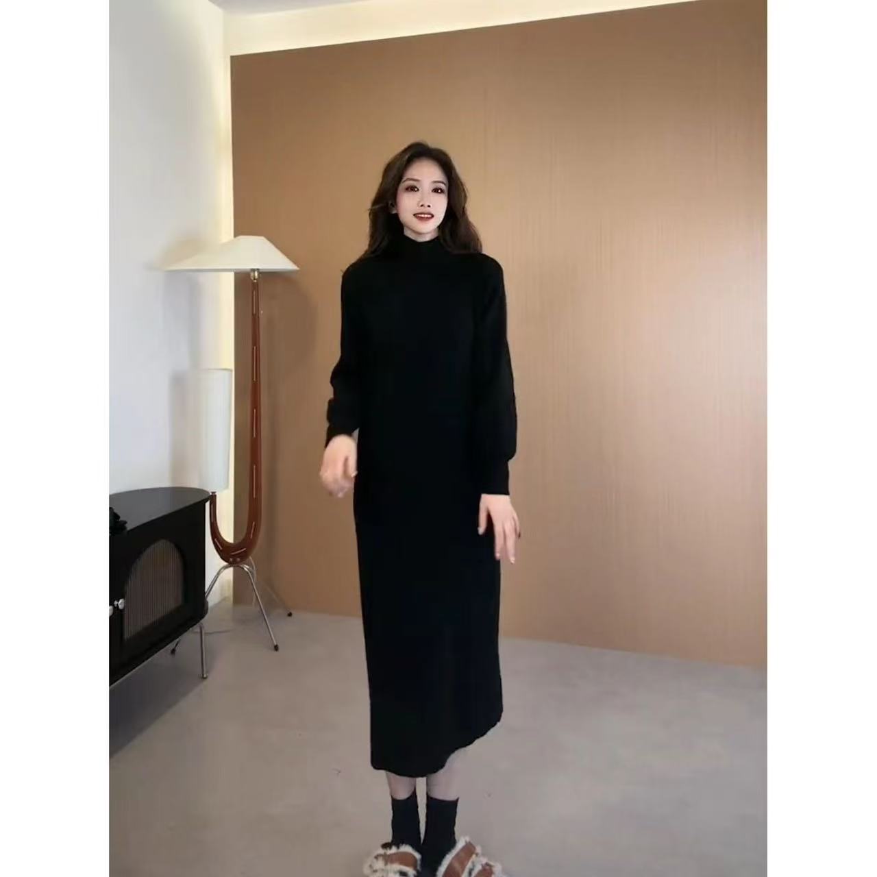 乐天商城 - ニットワンピース ロングワンピース レディース ワンピドレスミモレ丈 長袖 タイトネック ストレッチ ウエスト 無地 シンプル 秋 冬 普段使い 楽ちん 通勤 大人かわいい SLWC067(4色S-3XL)