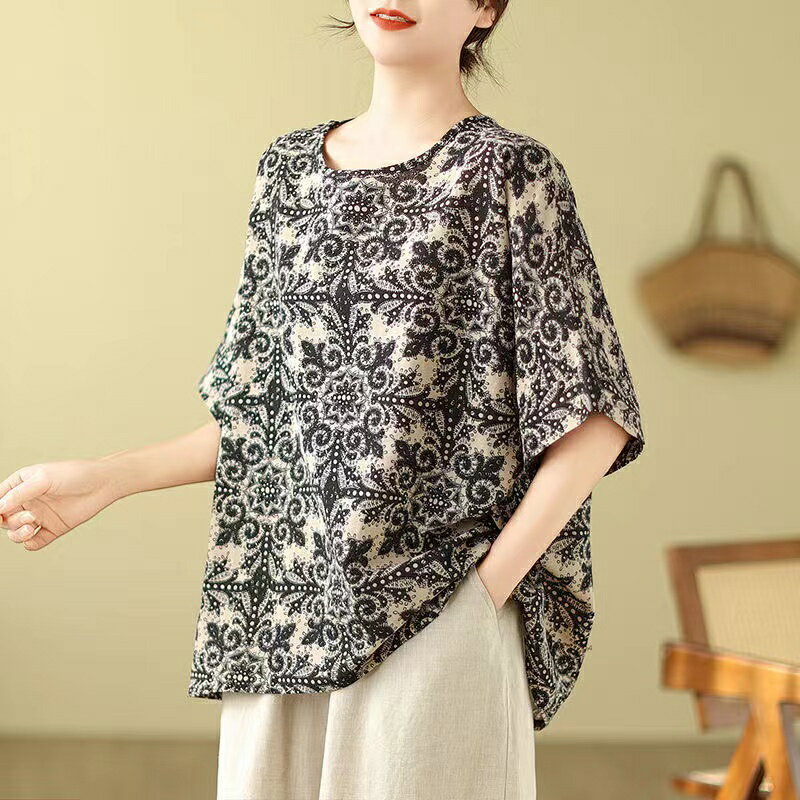 乐天商城 - ブラウス 半袖 シャツ レディース 夏 花柄 総柄シャツ ラウンドネック 五分袖 プルオーバー プリント 半袖ブラウス 総柄 トップス 大きいサイズ ゆったり 体型カバー 涼しい 夏服 夏物 ふんわりカジュアル オフィス 通勤 通学 春夏 LUFA063(2色L-3XL)