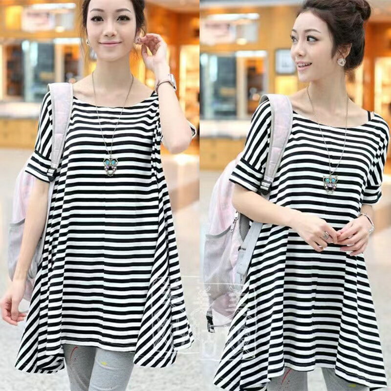 Three-Quarter - 半袖tシャツ レディース チュニック ロング トップス ボーダー柄 半袖 カットソー 夏服 薄手 無地 丸首 カジュアル ビッグシルエット ゆるカットソー 大きめ ゆったり 体型カバー 可愛い かわいい LUFA128(2色M-4XL)