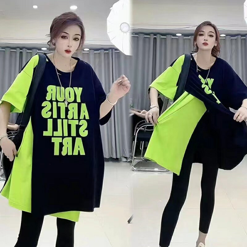 乐天商城 - 半袖tシャツ レディース トップス 切替チュニック 半袖 tシャツ カットソー 薄手 夏服 カジュアル 英文字 ビッグシルエット ゆるカットソー 丸首 大きめ ゆったり 体型カバー おしゃれ 可愛い かわいい カジュアル LUFA135(2色L-4XL)