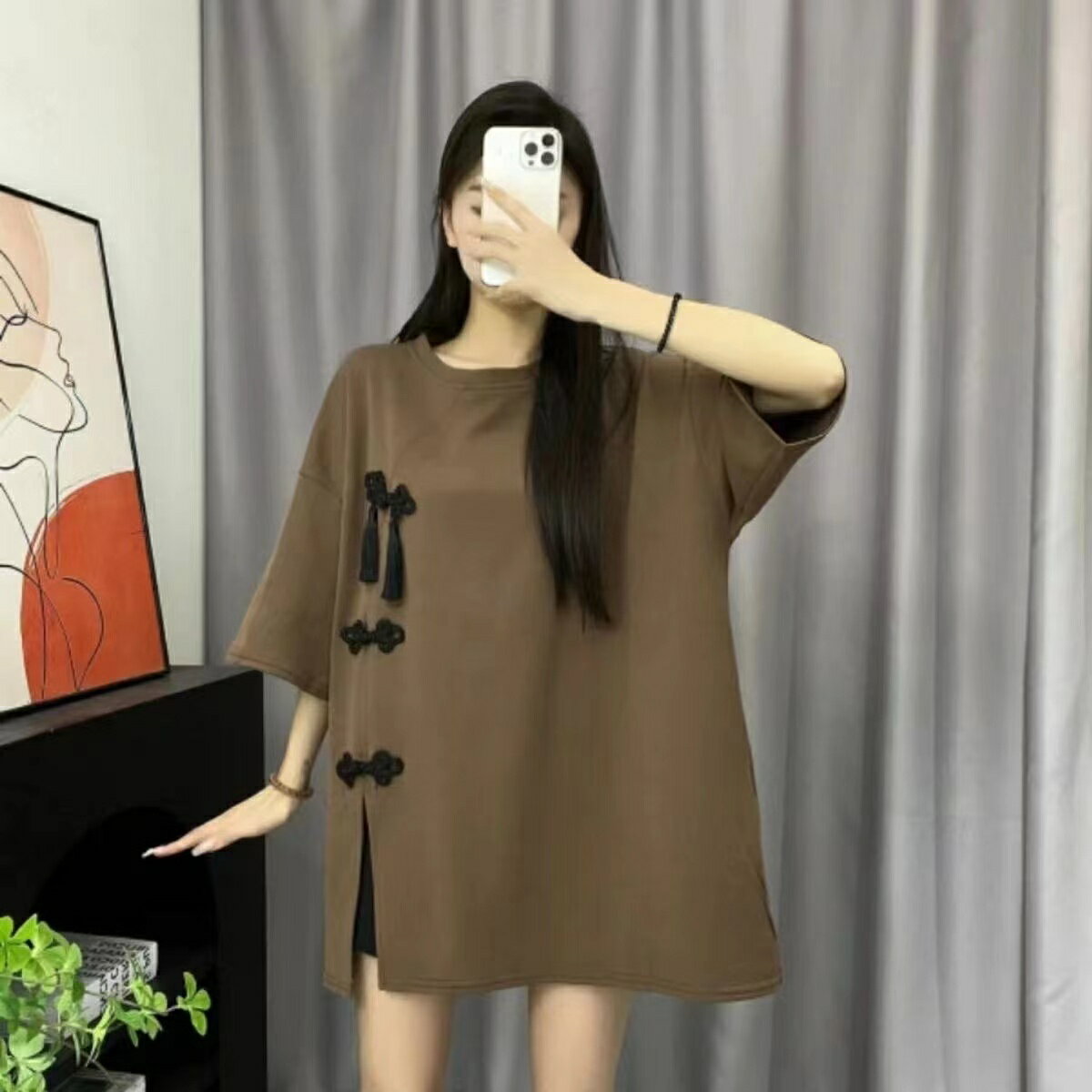 乐天商城 - 半袖tシャツ レディース トップス 中華風 丸首 半袖 tシャツ カットソー 薄手 夏服 カジュアル 無地 ビッグシルエット ゆるカットソー 大きめ ゆったり 体型カバー おしゃれ 可愛い かわいい カジュアル LUFA136(3色L-4XL)