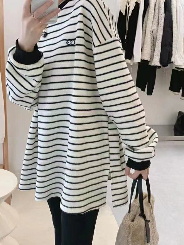 長袖 tシャツ レディース ロング Tシャツ ボーダー トップス 春 大きいサイズ カットソー カジュアル クルーネック 体型カバー カジュアル ドルマン ゆったり LUFA181(2色L-4XL) レディース長袖tシャツ ボーダーtシャツ レディースロングtシャツ ロンt ドルマンスリーブのサムネイル