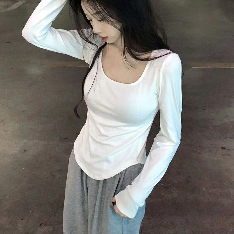 乐天商城 - 長袖 tシャツ レディース ロング Tシャツ インナー トップス 秋 大きいサイズ プルオーバー カットソー カジュアル トップス ゆったり Uネック スリム 無地 シンプル LUFA200(4色L-4XL)