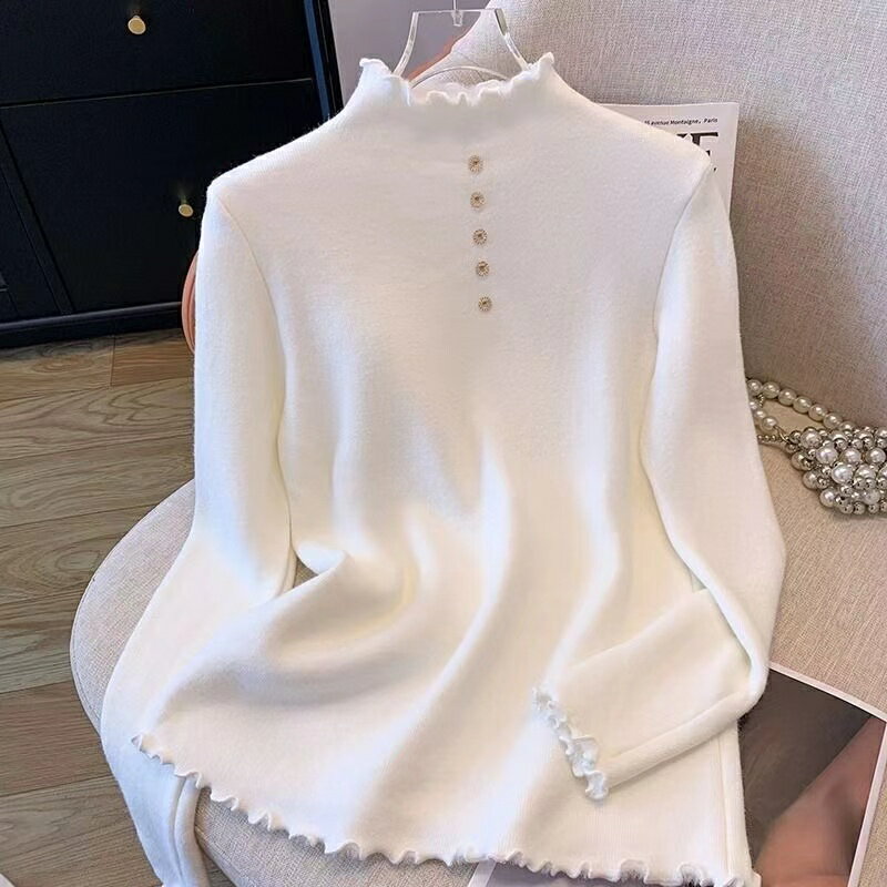 乐天商城 - ハイネック インナー トップス ロングT レディース リブ フリルネック フリル 長袖 微裏起毛 秋冬 大きいサイズ プルオーバー カットソー タートルネック 無地 オフィスカジュアル きれいめ 大人 かわいい LUFA210(3色L-5XL)