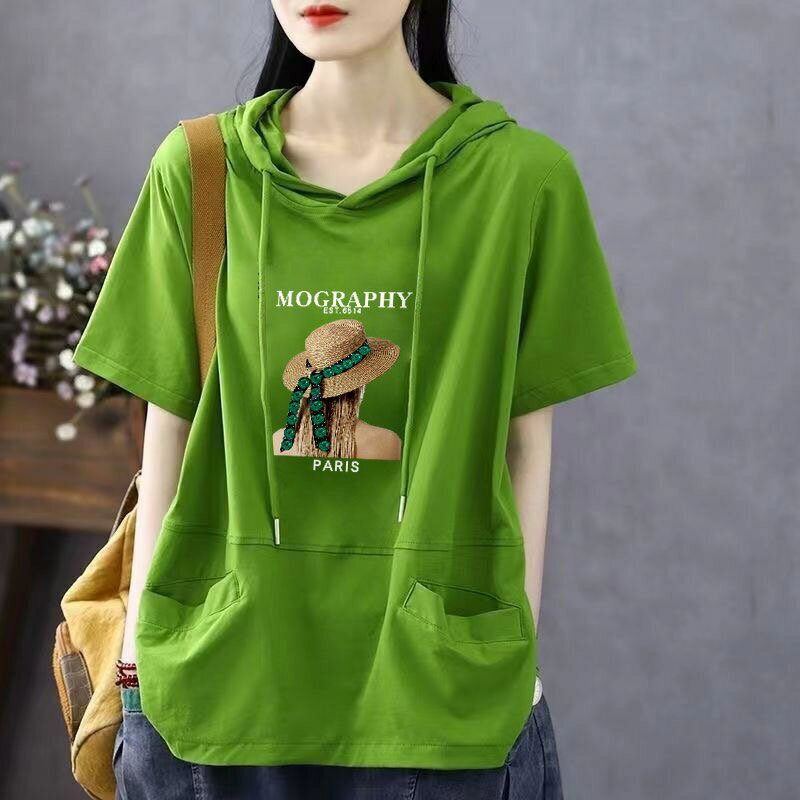乐天商城 - tシャツ パーカー フード付き レディース 半袖 プリント 半袖tシャツ ゆったり 薄手パーカー フードtシャツ 夏服 ゆるカットソー ファッション オシャレ トップス スウェット カジュアル SLUC064(4色M-4XL)