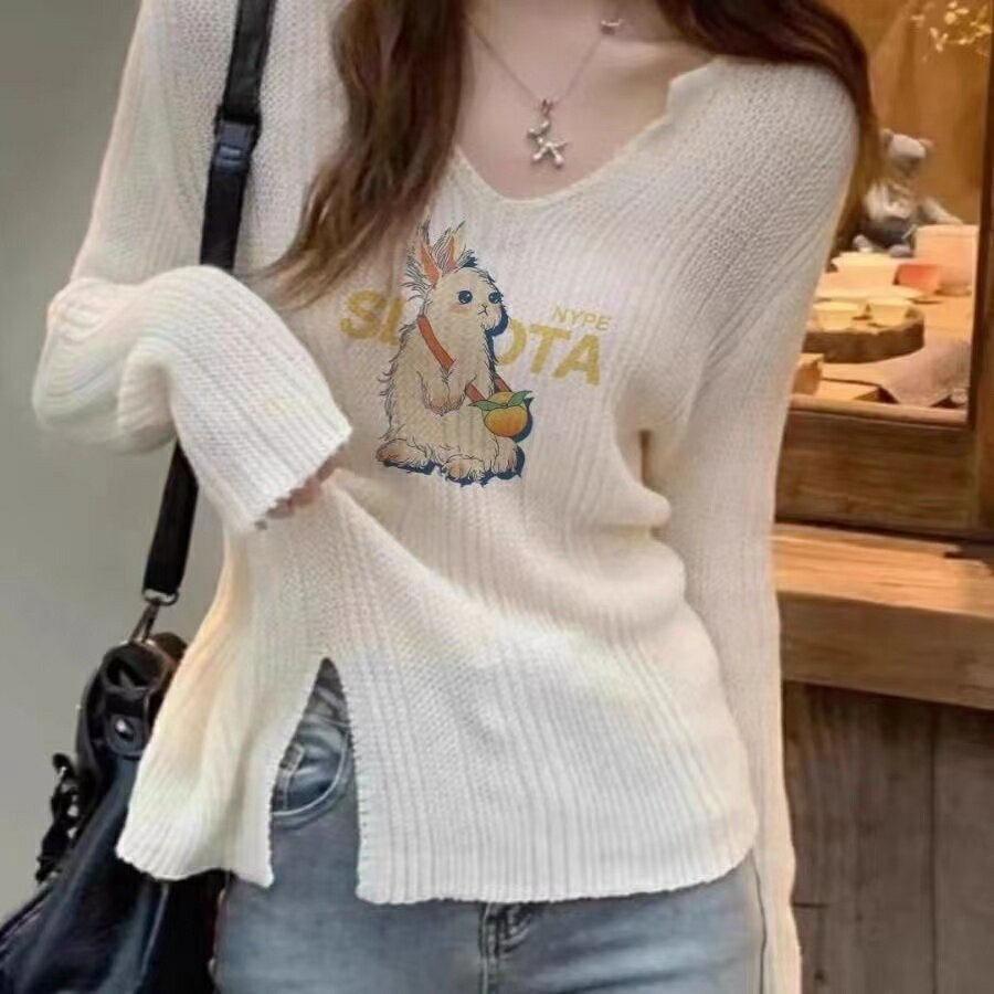 Three-Quarter Knit - ニット セーター レディースニット ウサギ柄 薄手ニット 薄手セーター 秋 レディース 薄手 長袖 トップス オフィス カジュアル 大人可愛い Vネック 通勤 可愛い SLUC109(2色L-4XL) レディースニットセーター レディースセーター レディース秋物