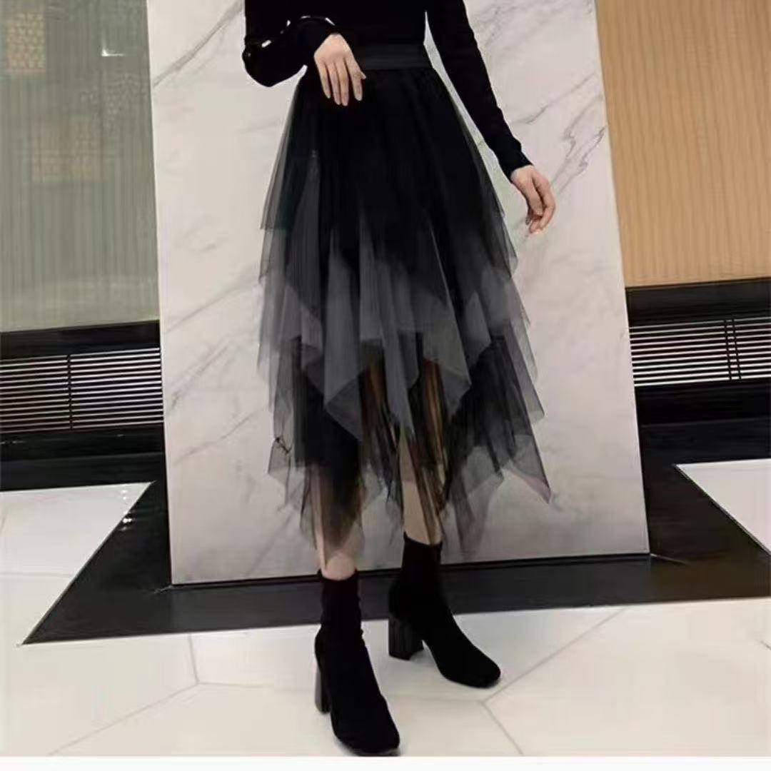 乐天商城 - スカート レディース チュール メッシュ ミモレ丈 かわいい シンプル 大人 上品 おしゃれ こなれ感 キュート ラブリー クール エレガント レイヤードスカート 透け感 存在感 黒 無地 夏 春 秋 10代 20代 30代 女性用 学生 通学 デート S M L XL 2XL SLKD005(S-2XL)
