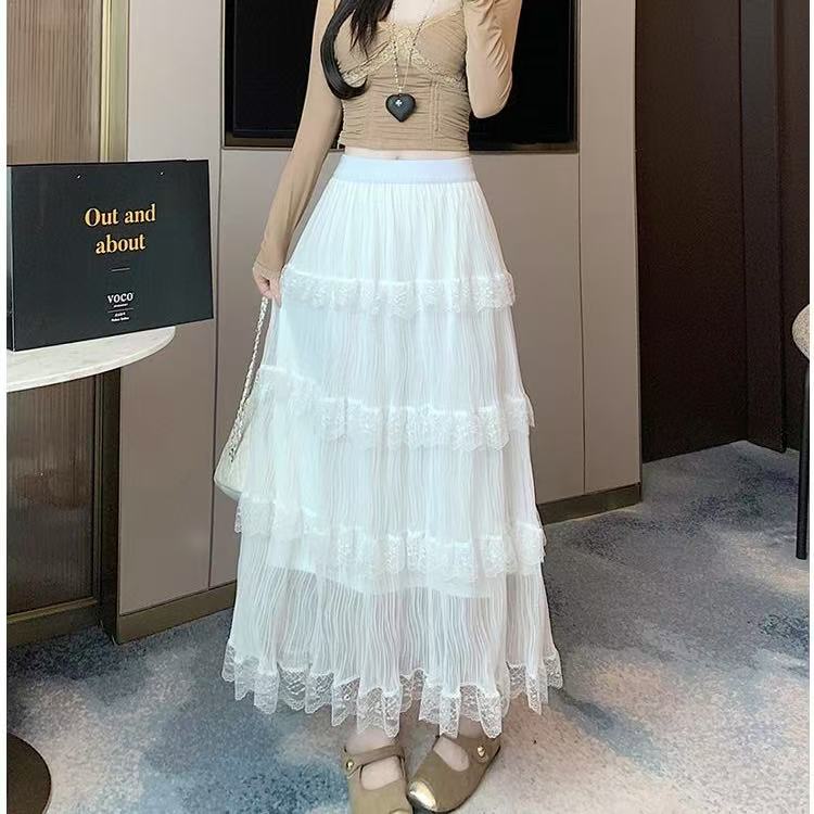 乐天商城 - レディース スカート ボトムス ロング フレア Aライン レース ウエストゴム かわいい 大人可愛い おしゃれ ガーリー 存在感 ラブリー キュート クラシカル ロマンティック フェミニン 無地 春 夏 秋 ロングシーズン 学生 デート お出かけ SLKD009(3色S-XL)
