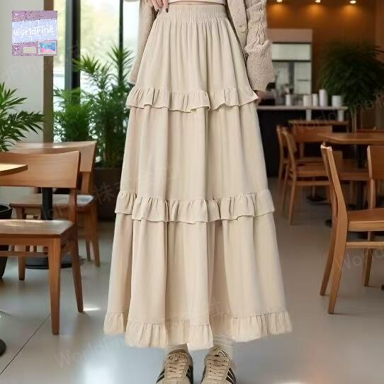 Rakuten - ティアード ロングスカート フリル付き フリル フレアスカート aライン 大人可愛い ハイウエスト ベルベット生地 無地 ティアードスカート ハイウエストスカート シンプル マキシスカート ロング フレア マキシ 秋冬 レディース ウエストゴム おしゃれ SLKD045(4色S-XL)