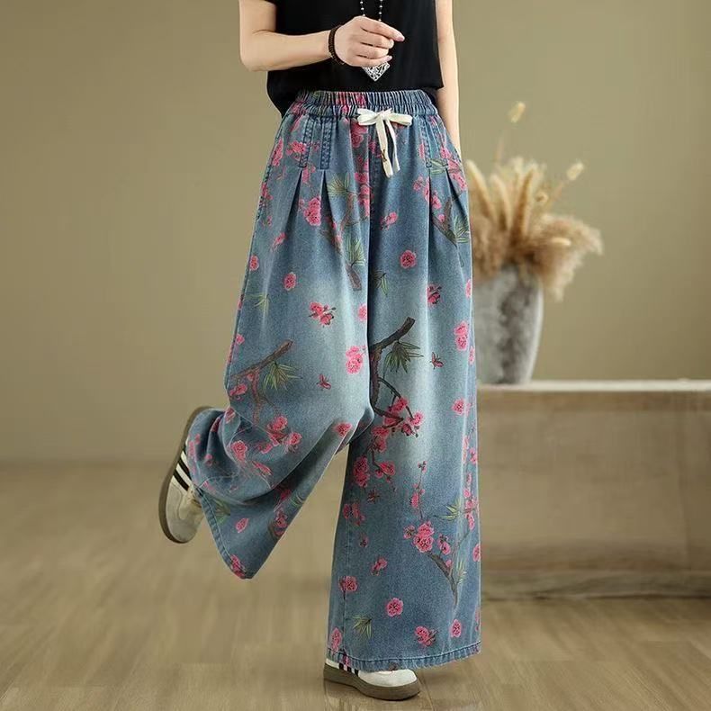 乐天商城 - ジーンズ デニムパンツ レディース ワイドデニム 花柄 プリント ロングパンツ ボトムス 長ズボン ワイド ハイウエスト ゆったり レディースカジュアルパンツ 体型カバー 着痩せ 美脚 楽チン カジュアル ハイウエストワイドデニムパンツ SLTD026(2色M-2XL)