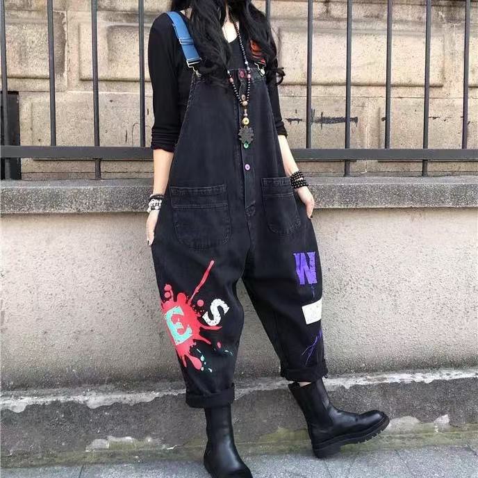 オーバーオール サルエル オールインワン サルエルパンツ アラジンパンツ デニムパンツ デニムサロペット オールシーズン 春 夏 秋 英文字 ロング サロペット ゆったり 楽ちん おしゃれ オシャレ お洒落 かわいい 個性的 個性派 ロング SLTD031(2色M-2XL)