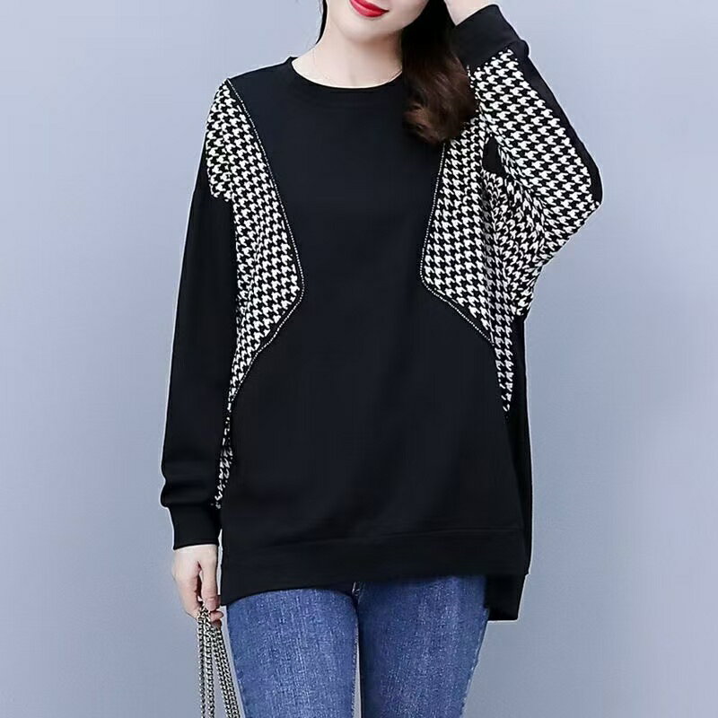 長袖 tシャツ レディース Tシャツ 千鳥柄 トップス 春 大きいサイズ カットソー カジュアル トップス ゆったり クルーネック 体型カバー カジュアル ゆったり LUFA230(L-5XL) 柄物 柄tシャツ レディース長袖 レディーストップス 春トップス レディース春服 おしゃれのサムネイル