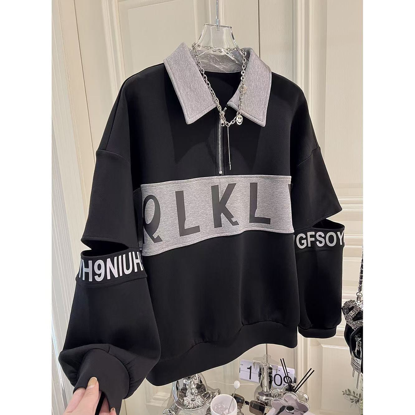 トレーナー レディース 大きいサイズ 英文字 春秋 秋服 春服 オーバーサイズ POLOネック 長袖 薄手 トップス ゆったり 可愛い カジュアル LUFA254(2色L-4XL)