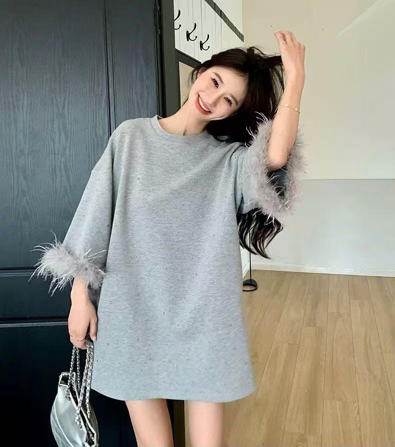 乐天商城 - tシャツ レディース 無地 シンプル 七分丈袖 トップス 大きいサイズ 丸首 Tシャツ トップス ファー付き 春 秋 柔らか プルオーバー カジュアル トップス ゆったり かわいい LUFA275(L-4XL)