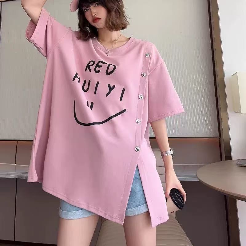 乐天商城 - 半袖tシャツ レディース トップス 半袖 tシャツ スリット 大きいサイズ カットソー 英文字 薄手 丸首 カジュアル シンプルtシャツ ゆるカットソー おしゃれ 可愛い かわいい 夏 おしゃれtシャツ 可愛いtシャツ LUGA046(6色L-4XL)