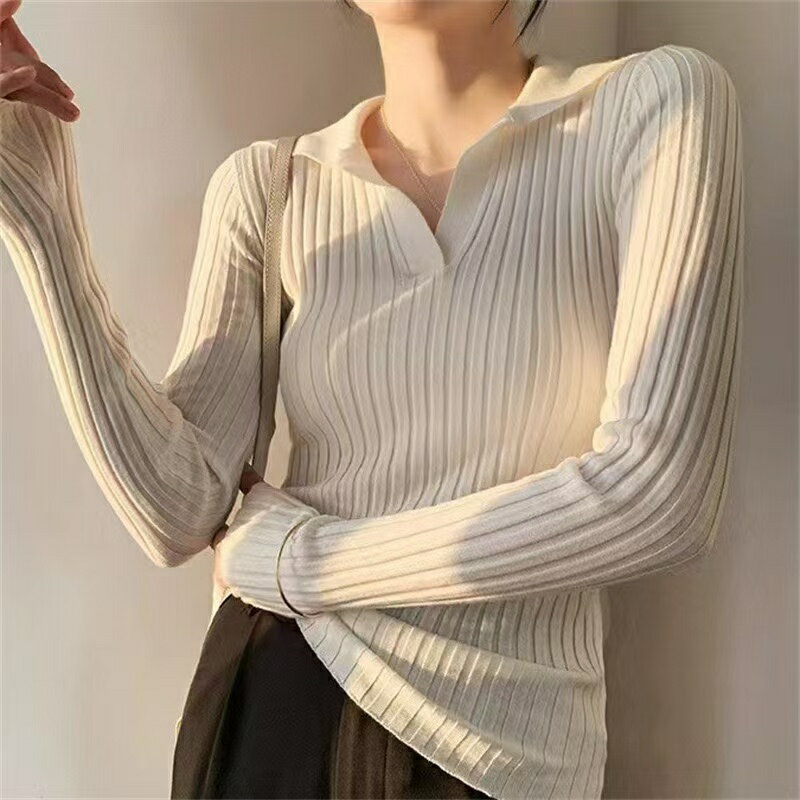 V-Neck - レディース ニット インナー リブ 無地 シンプル リブニット 秋 Vネック プルオーバー セーター ショート トップス スリム 長袖 インナー レイ ヤード 通勤 着痩せ きれいめ 秋物 秋服 SLUC148(5色フリー) レディースリブニット レディース秋ニット フェミニン vネックニット