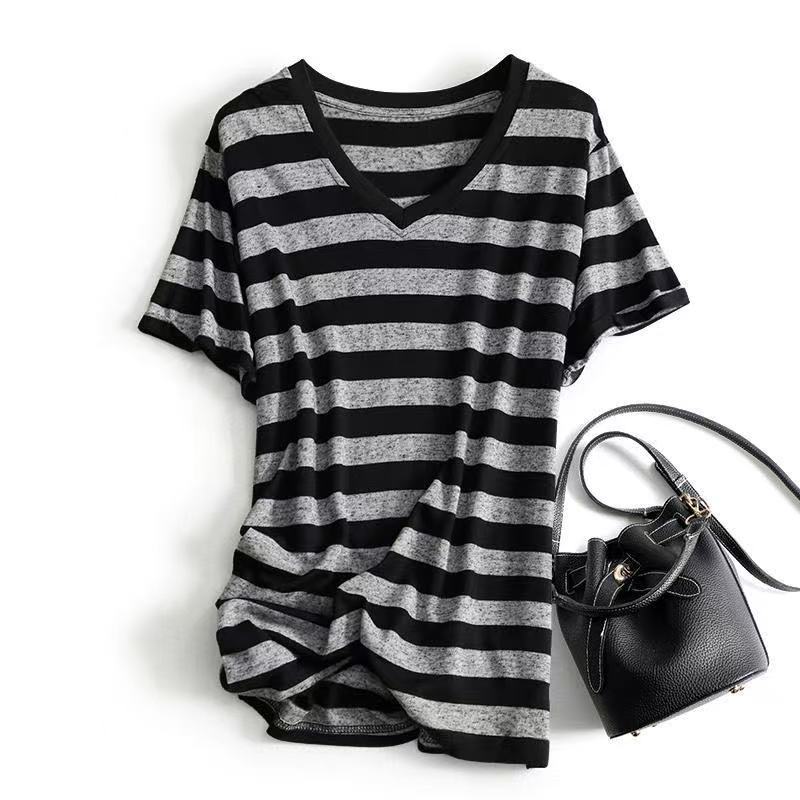 乐天商城 - 半袖tシャツ 可愛いtシャツ 半袖 大きめTシャツ レディース レディスTシャツ Vネック 夏服 薄手 ボーダーtシャツ 大きいTシャツレディース 伸縮性 女性Tシャツ 大きいサイズ カジュアル ビッグシルエット 大きめ ゆったり 体型カバー 可愛い かわいい LUGA069(M-3XL)