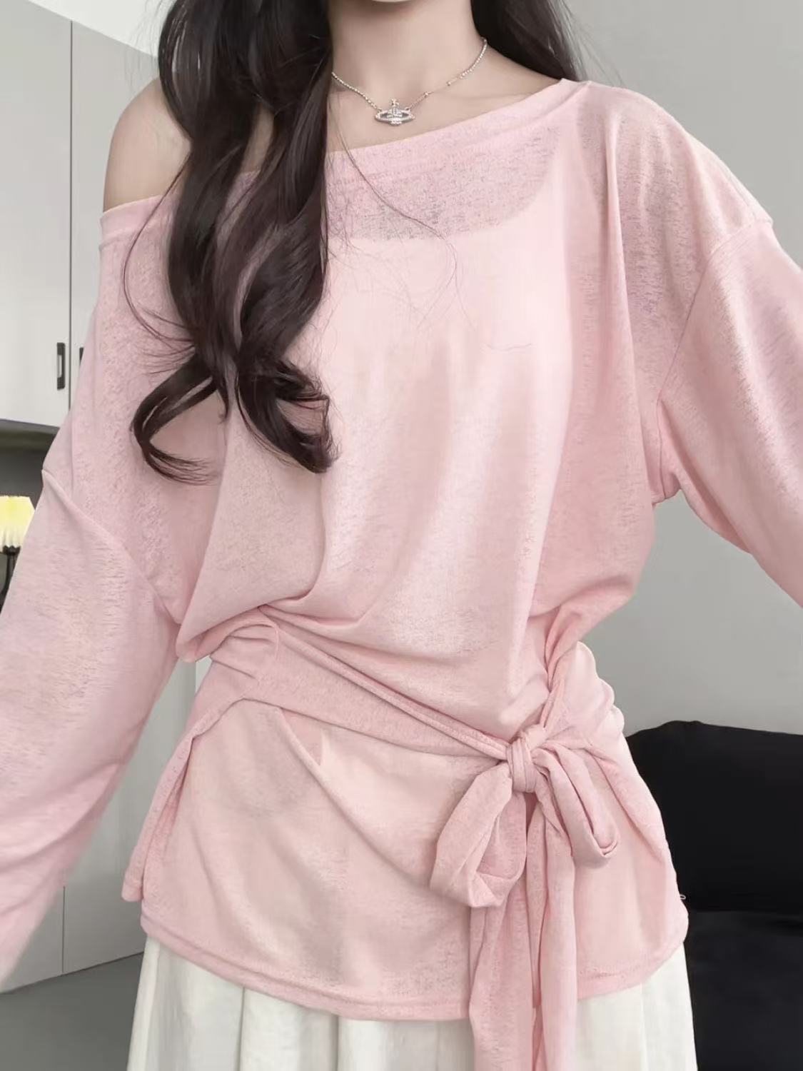 乐天商城 - 半袖tシャツ 日焼け止め服 半袖 大きめTシャツ レディース 透明感 レディスTシャツ 夏服 薄手 無地 ベルト付き 大きいTシャツレディース プリント 女性Tシャツ 大きいサイズ カジュアル ビッグシルエット 大きめ ゆったり 体型カバー 可愛い かわいい LUGA072(6色M-4XL)