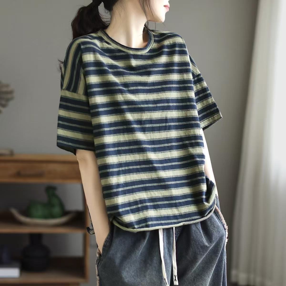 乐天商城 - 半袖tシャツ レディース トップス 半袖 tシャツ 大きいサイズ カットソー 薄手 ボーダー柄 カジュアル 総柄 ゆるカットソー おしゃれ 可愛い かわいい 夏 おしゃれtシャツ 可愛いtシャツ LUGA082(3色M-4XL)