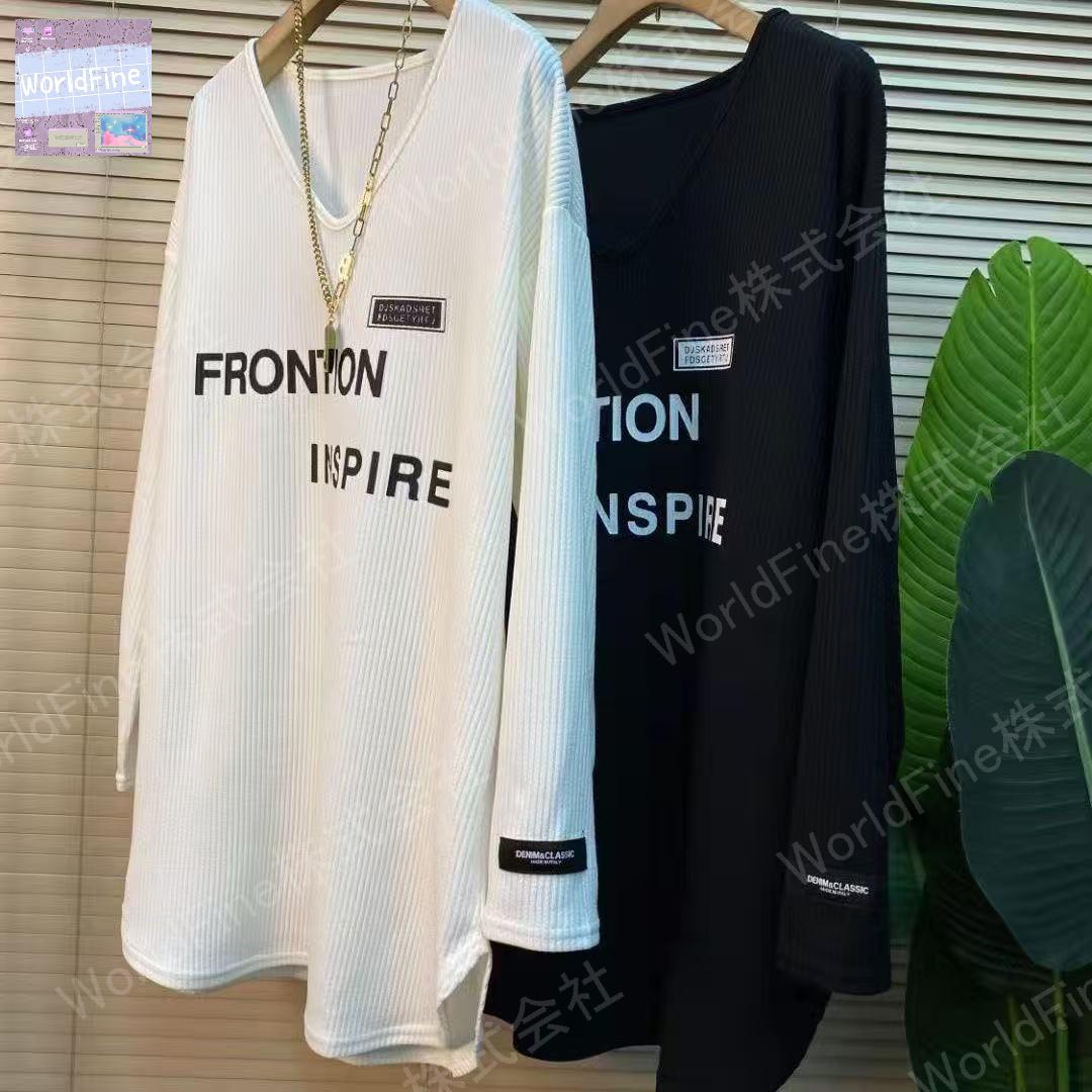 乐天商城 - ロングTシャツ レディース ロングT 大きいサイズ 秋 秋服 秋物 長袖 薄手 シンプル 無地 トップス かわいいtシャツ長袖 Vネック リブ 英文字 ゆったり レディースロンティー 可愛い カジュアル レディースロングtシャツ レディースロンt かわいいトップス LUGA118(2色M-3XL)