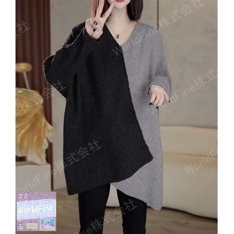 乐天商城 - ニット レディース vネックセーター vネックニット ニットチュニック 秋物 秋服 vネック チュニック 切り替え 大きいサイズ 体型カバー アシンメトリー 長袖 トップス こうもり袖 きれいめニット オフィスカジュアル 大人可愛い 韓国風 ゆったり 可愛い LUGA120(M-6XL)