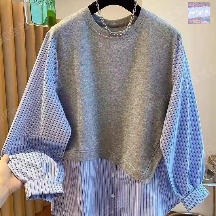 乐天商城 - カットソー レディース シャツ 切替シャツ ストライプ柄 レディーストップス秋 トップス 大きいサイズ 切り替えカットソー レディースカットソー長袖ロング秋物 長袖 秋物 秋服 重ね着風 ゆったり 通勤 カジュアル ストライプ レディースカットソー LUGA128(2色L-4XL)