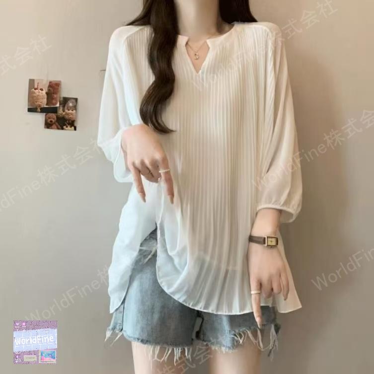 乐天商城 - ロングTシャツ レディース シフォンシャツ 七分丈袖 大きいサイズ 秋服 薄手 シンプル 無地 トップス ゆったり 可愛い カジュアル レディースロングtシャツ レディースロンt 大きい かわいいトップス LUGA129(2色L-4XL)