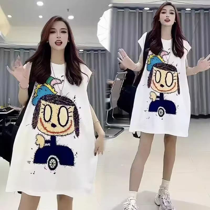 乐天商城 - tシャツ レディース ノースリーブ トップス 丸首 tシャツ カットソー 薄手 夏服 ロング カジュアル プリント ビッグシルエット ルームウェア ゆるカットソー ゆったり 体型カバー おしゃれ 可愛い かわいい カジュアル SLUD038(2色M-2XL)
