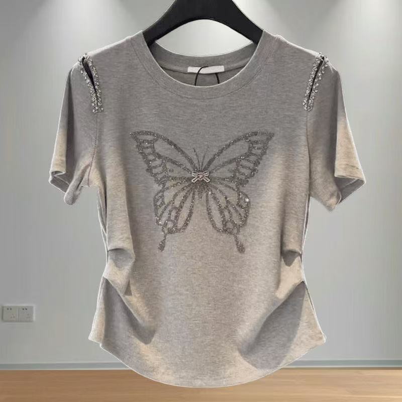 乐天商城 - 半袖tシャツ レディース トップス 半袖 tシャツ 蝶柄 キラキラ カットソー かわいい 夏tシャツ 夏 おしゃれtシャツ 薄手 丸首 カジュアル スリム 肩見せトップス 蝶 レディース半袖tシャツ 夏トップス おしゃれ 可愛い 可愛いtシャツ 大人 カジュアル SLUD047(2色S-3XL)