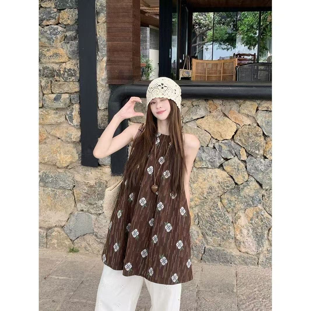 乐天商城 - シャツ レディース ノースリーブ トップス キャミソール 丸首 tシャツ カットソー 薄手 夏服 総柄 カジュアル ゆるカットソー ゆったり おしゃれ 可愛い かわいい カジュアル SLUD059(S-2XL)