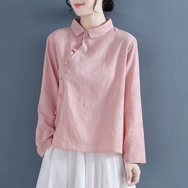 乐天商城 - ブラウス シャツ レディース シャツブラウス トップス ゆったり チャイナ風 シンプル 長袖シャツ 通勤 OL おしゃれ 大人 かわいい ビジネス 春 夏 秋 可愛い カジュアル 30代 40代 50代 SLUD063(4色M-2XL)