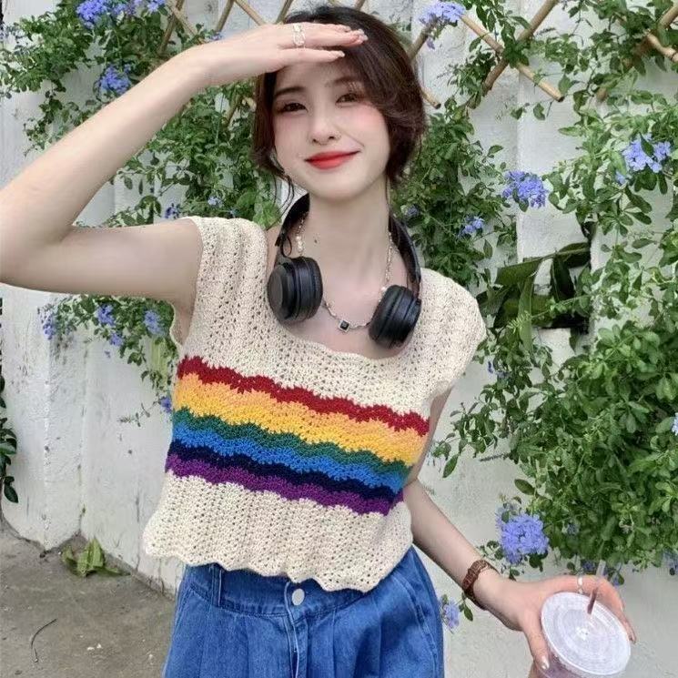乐天商城 - レディース サマーニット ボーダー柄 春 夏 トップス カットソー ノースリーブ レディース Tシャツ 透かし編み ゆったり レディース 着やせ きれいめ おしゃれ 着痩せ かわい SLUD075(S-L)