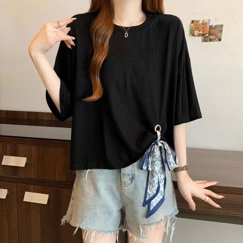 乐天商城 - 半袖tシャツ 可愛いtシャツ レディスTシャツ 夏服 薄手 リボン付き 丸首 無地 tシャツ 女性Tシャツ 薄い レディース半袖tシャツ 薄手tシャツ かわいい半袖 カジュアル ゆったり 半袖tシャツレディース 夏 夏物 体型カバー 可愛い かわいい SLUD076(3色M-2XL)