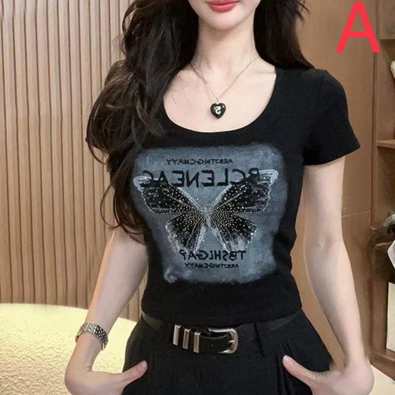 乐天商城 - 半袖tシャツ レディース トップス 半袖 tシャツ カットソー かわいい 夏tシャツ 夏 おしゃれtシャツ プリント 薄手 カジュアル レディース半袖tシャツ 蝶柄 夏トップス おしゃれ 可愛い 可愛いtシャツ 大人 カジュアル SLUD082(5色M-4XL)