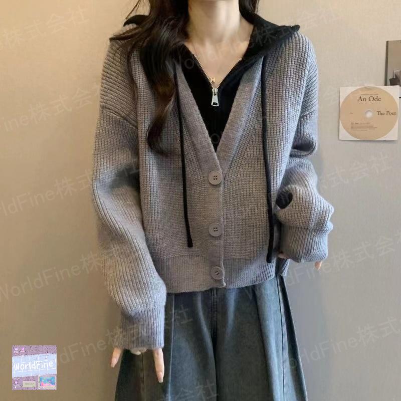 乐天商城 - ニット セーター 重ね着風 レイヤード風 レディースニットパーカー モコモコ 暖かい レディースニット レディースセーター レディース セーター レディースニット フード付きセーター 秋 冬 ゆったり かわいい ニットパーカー 可愛い カジュアル 長袖 SLUD119(2色M-4XL)